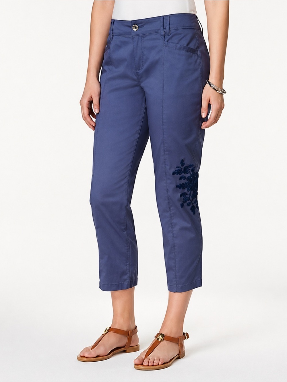 Style & Co Blue Cropped Pants Embroidered Floral Capri  Casual 14